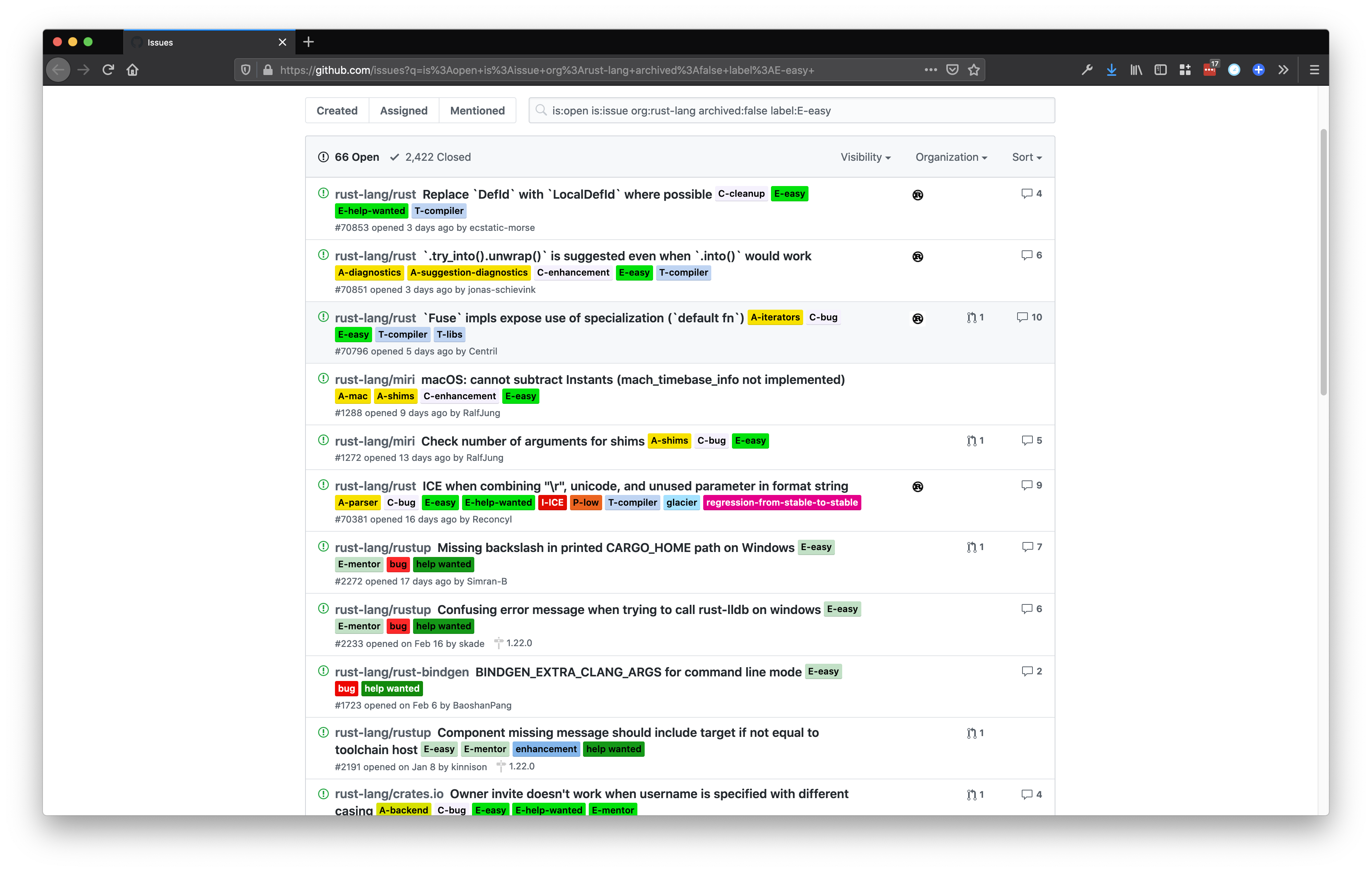 Screenshot of GitHub Rust issues labeled E-easy